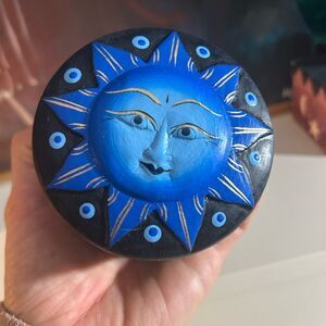 Celestial Painted Sun Blue Yellow Wood Round Trinket Box Jewelry